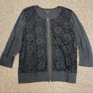Banana Republic Heather Grey & Black Lace Combo Cardigan Sweater Zip up size XL